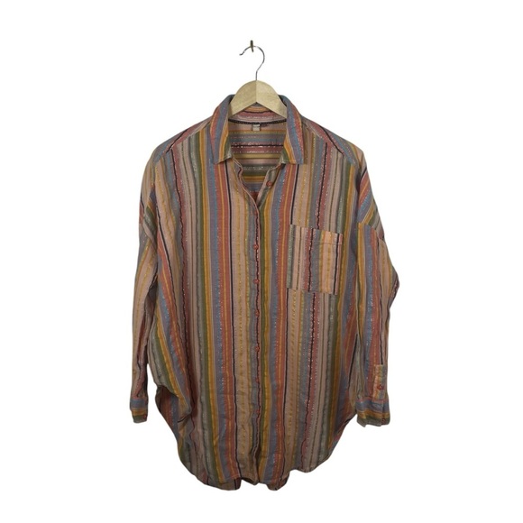 Anthropologie Pilcro Long-Sleeve Boyfriend Striped Shirt Rainbow Metallic L/XL - Picture 6 of 16
